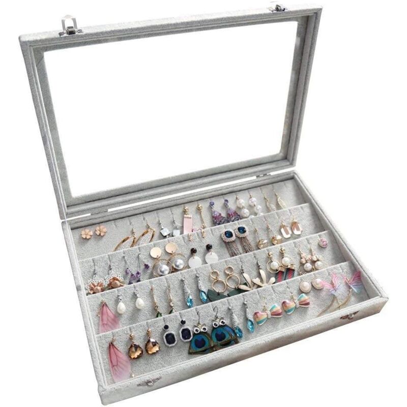 foto del prodotto alovez contenitore per orecchini, portagioie da 36 paia di orecchini, scatola organizer per orecchini, velluto e vetro, impilabile, chiudibile a