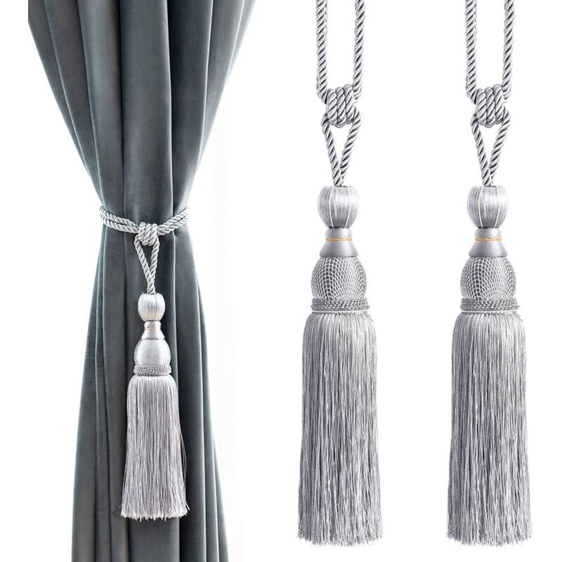 foto del prodotto alovez fermatende decorativi con pompon e palline fermatende per casa e ufficio, passanti intrecciati, frange, confezione da 2 grigio 