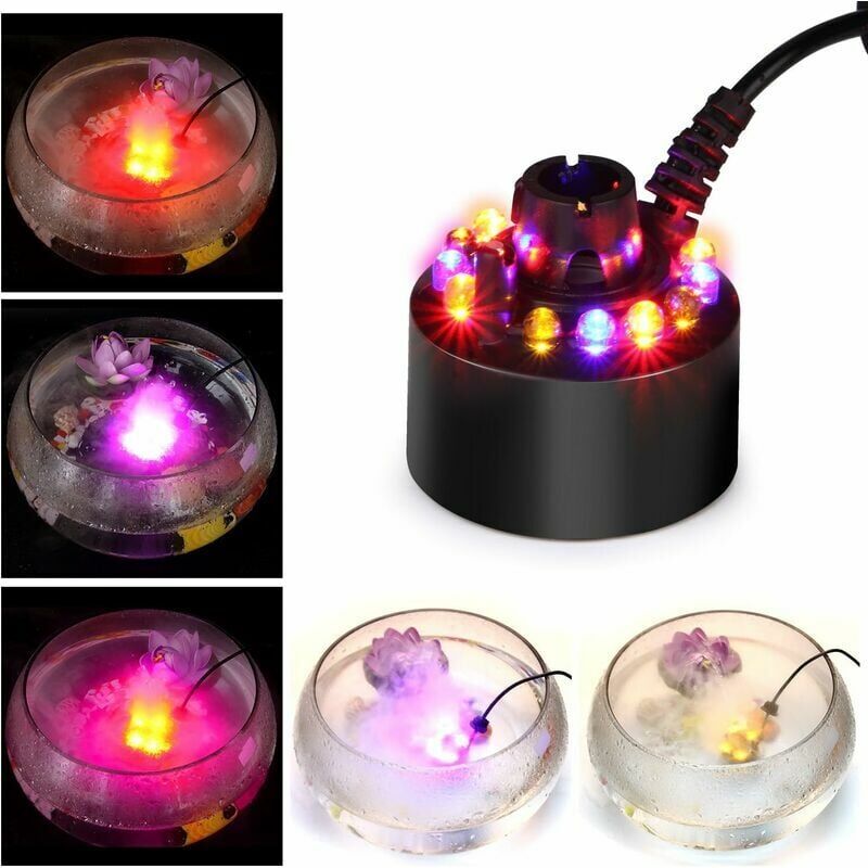 foto del prodotto alovez il nebulizzatore a ultrasuoni dotato di 12 led cangianti che creano un effetto nebbia. questo dispositivo ideale per fontane, stagni e