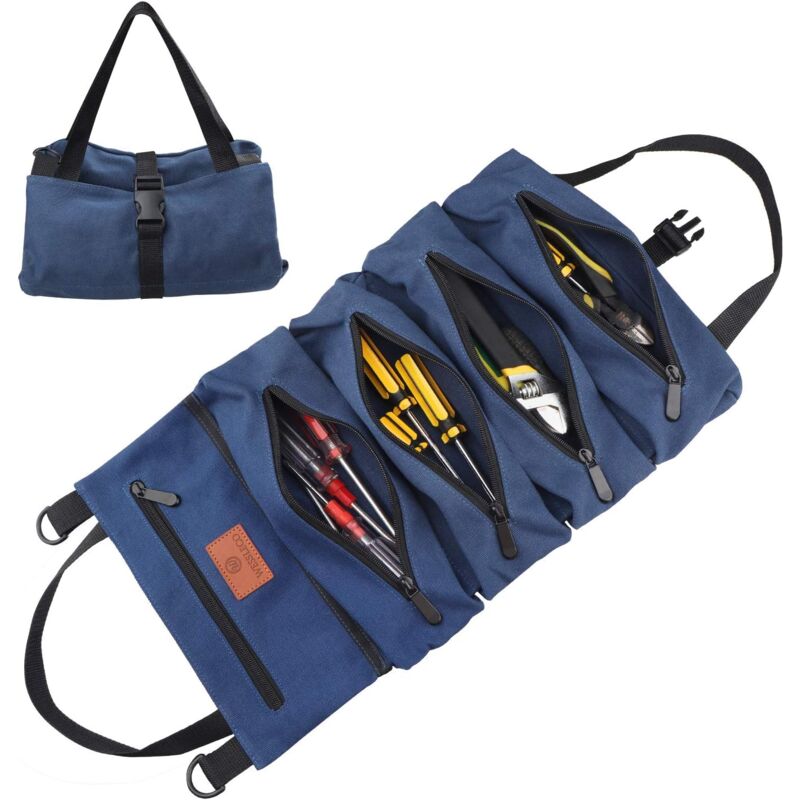 foto del prodotto alovez kit di chiavi arrotolabili in tela blu con 5 tasche multifunzione in tela con cerniera per elettricisti e riscaldatori