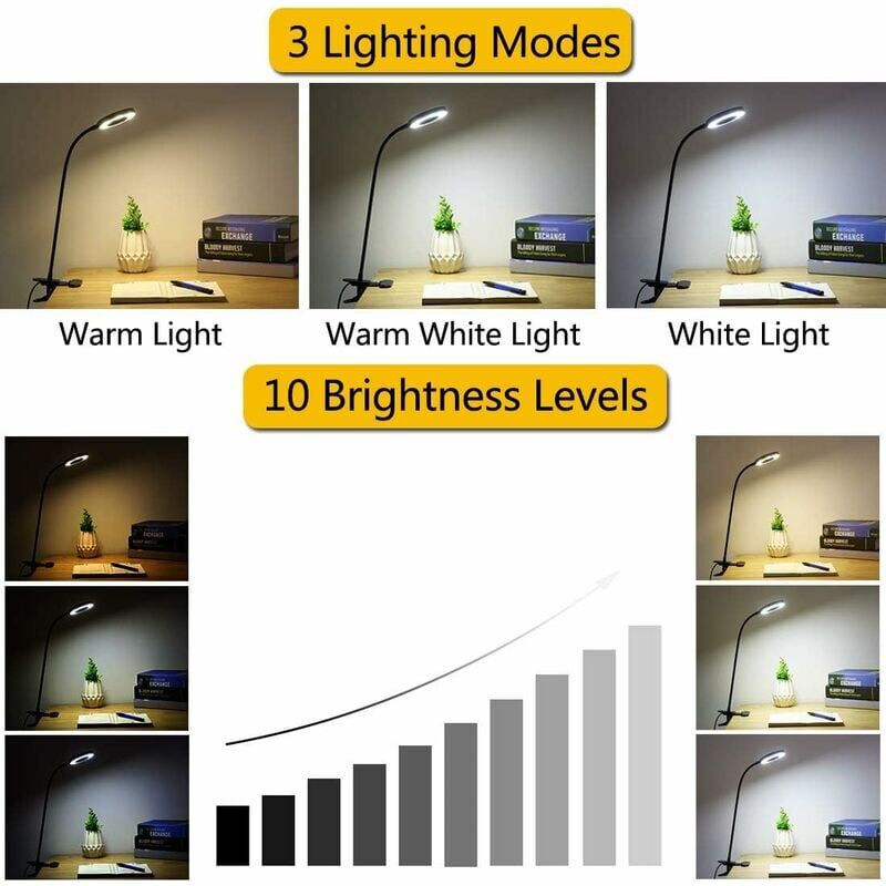 foto del prodotto alovez lampada da scrivania a morsetto led luce di lettura flessibile alimentata tramite usb con clip pieghevole, luce soffusa regolabile,
