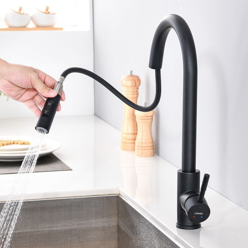 foto del prodotto alovez miscelatore da cucina estraibile nero opaco, girevole a 360 , miscelatore in acciaio inox a 2 funzioni per il lavello della cucina