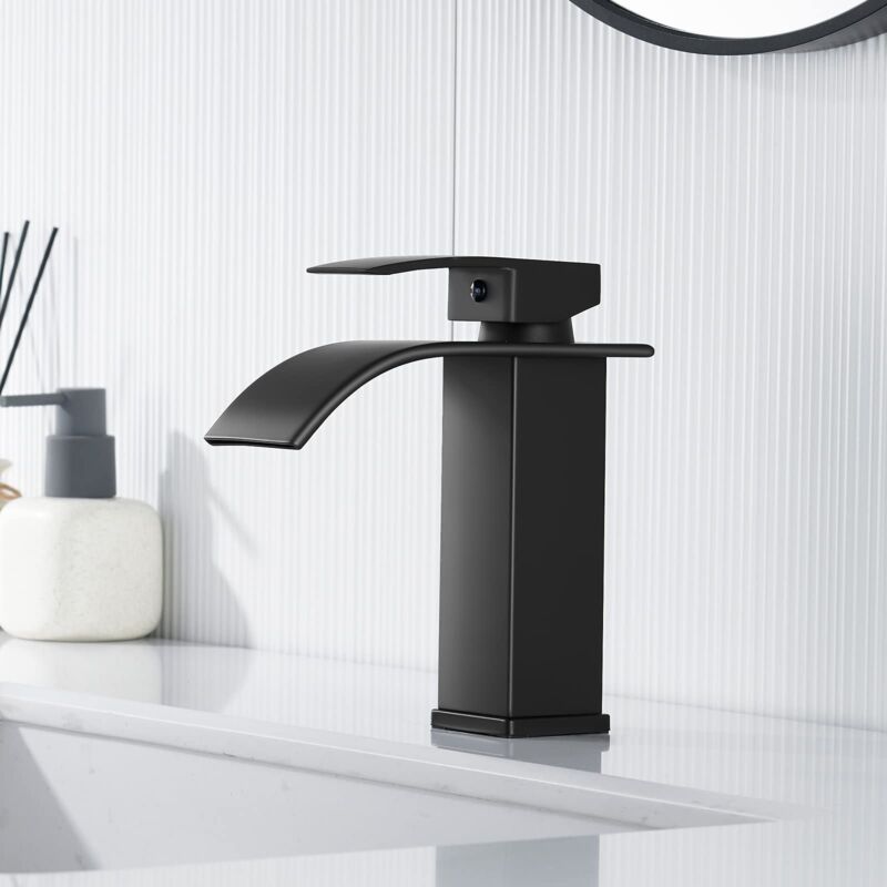 foto del prodotto alovez miscelatore lavabo moderno a cascata, rubinetto bagno nero, rubinetto lavabo con altezza beccuccio 110 mm, acqua calda e fredda disponibile,