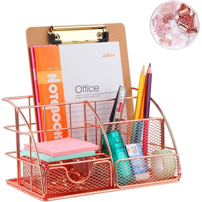foto del prodotto alovez organizer da scrivania compatto con cassetto, colore oro rosa, vano portaoggetti e 4 sezioni verticali