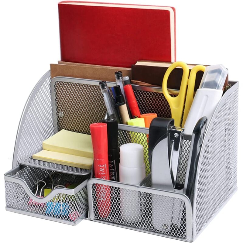 foto del prodotto alovez organizer da scrivania in metallo 6 scomparti multifunzione argento