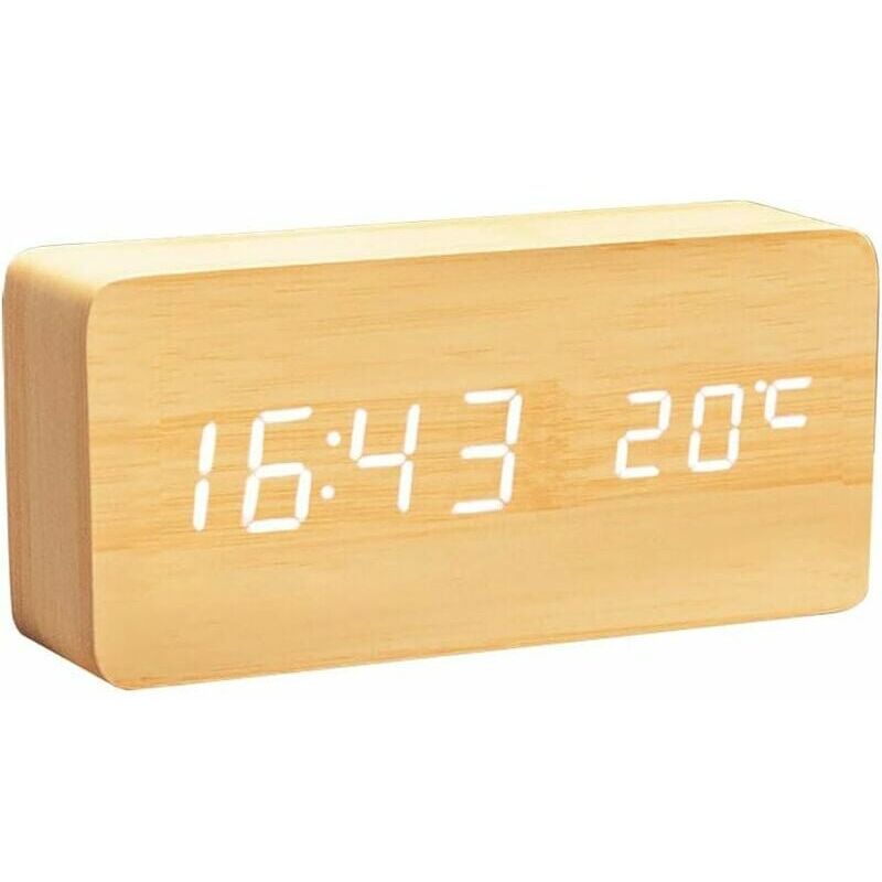 foto del prodotto alovez orologio digitale multifunzionale in legno, sveglia a led, controllo vocale, adatto per la casa, luce bianca, legno di bamb 