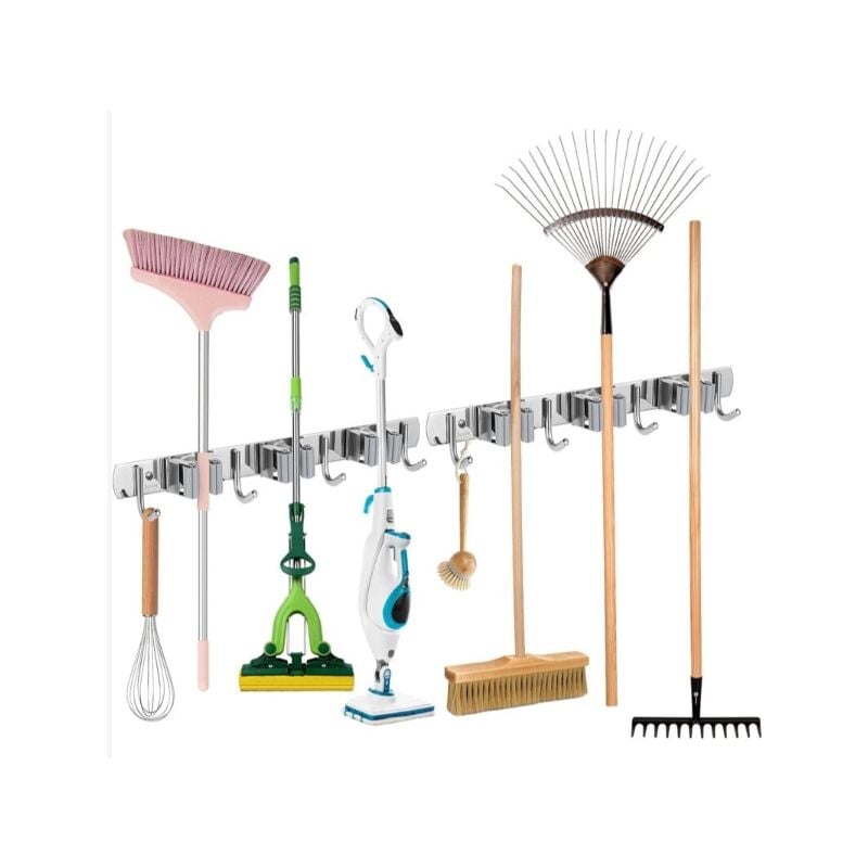 foto del prodotto alovez porta scopa da parete, 2 pezzi, in acciaio inox, per cucina, garage, giardino, bagno 3 fessure e 4 ganci, argento 