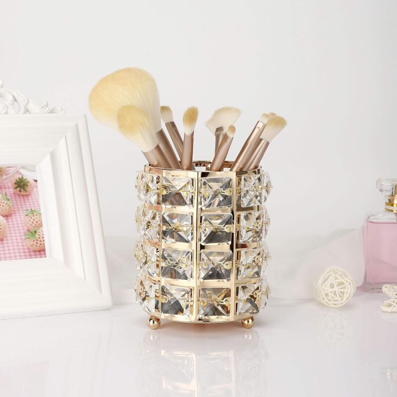 foto del prodotto alovez portapennelli dorato, organizer decorativo per pennelli da trucco in cristallo, contenitore per accessori da toeletta
