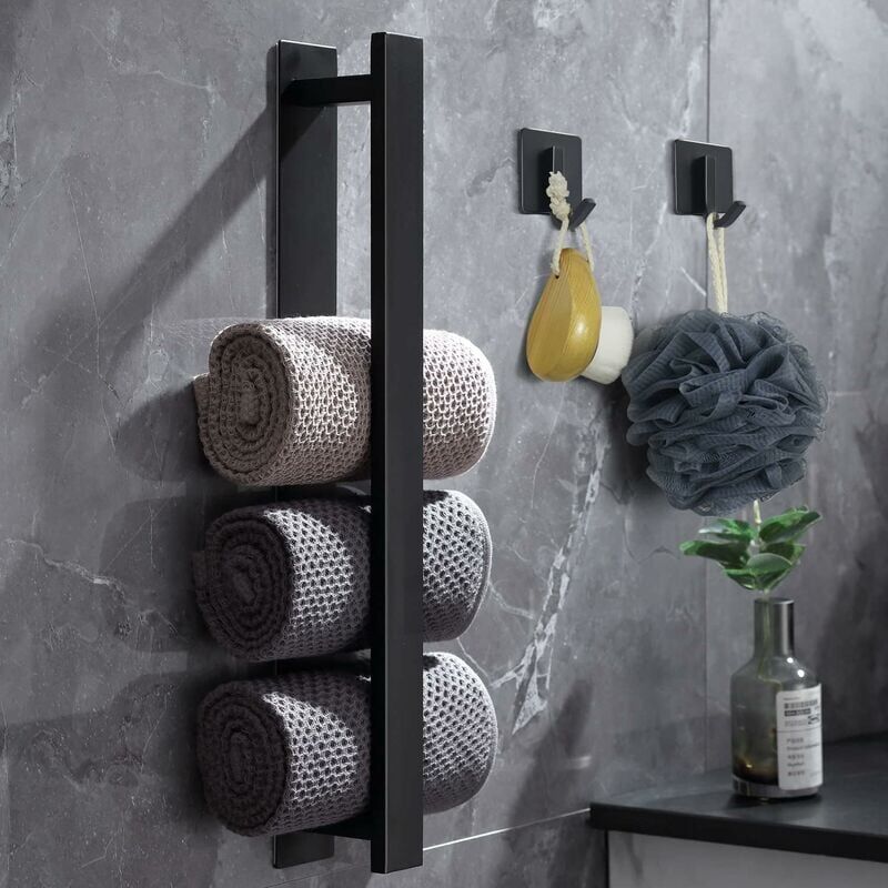 foto del prodotto alovez portasciugamani senza forare, portasciugamani nero, portasciugamani bagno, portasciugamani ospite, portasciugamani a parete in acciaio inox