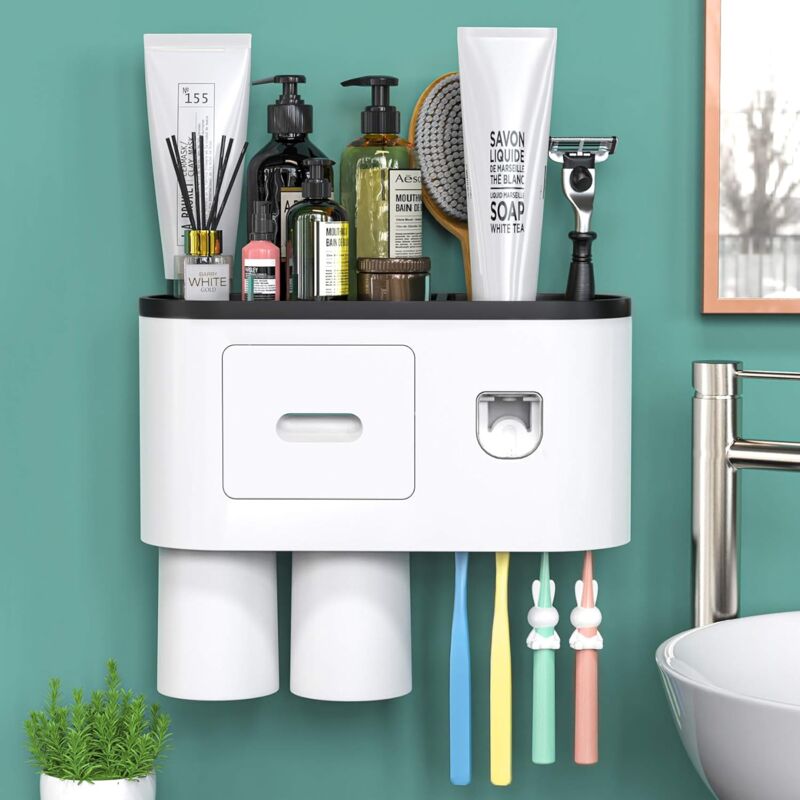 foto del prodotto alovez portaspazzolino da bagno, dispenser automatico di dentifricio a parete, spazzolino elettrico