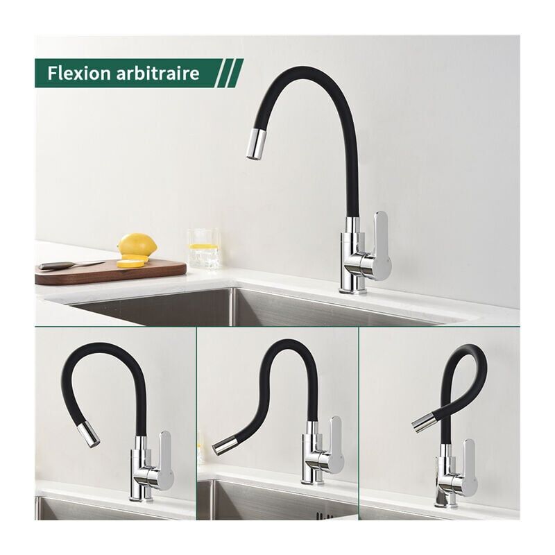 foto del prodotto alovez rubinetto da cucina, memoria di forma, rubinetto per lavello, curva in silicone nero, cromato, rubinetto, rubinetto da cucina, qualsiasi