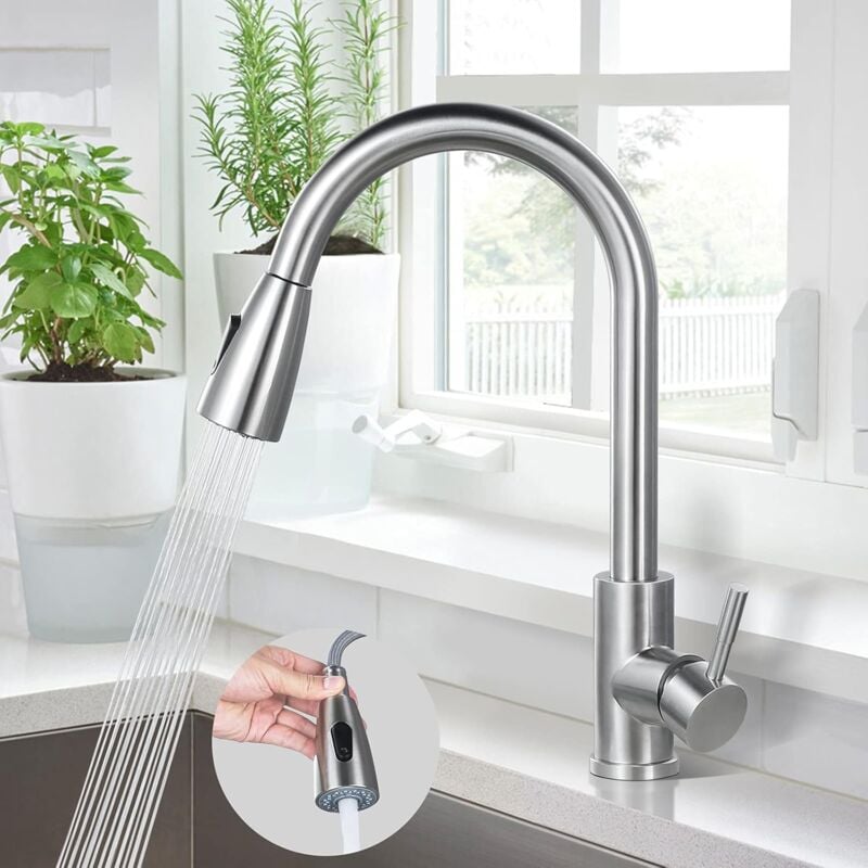 foto del prodotto alovez rubinetto da cucina, miscelatore per lavello in acciaio inox 304, rubinetto per lavello girevole a 360 con doccetta estraibile, getti