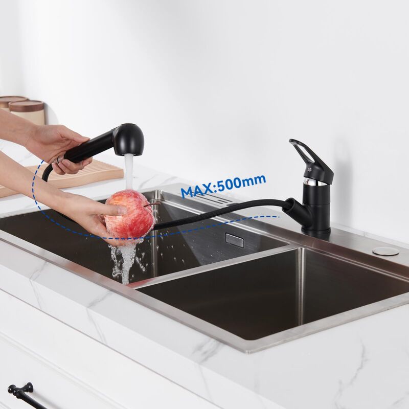 foto del prodotto alovez rubinetto da cucina nero con doccetta estraibile, 2 ugelli, rubinetto per lavello in ottone 360 , miscelatore monoforo per acqua calda e