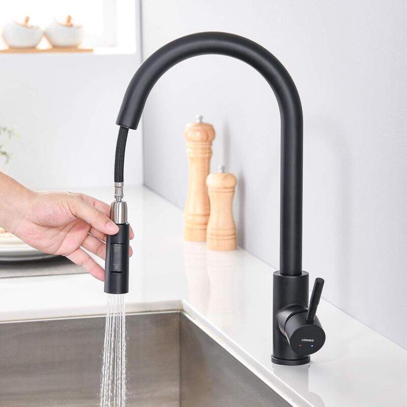 immagine 0 del prodotto alovez rubinetto da cucina nero con doccetta estraibile e 2 modalit di spruzzo, rubinetto per lavello girevole a 360 , miscelatore da cucina in