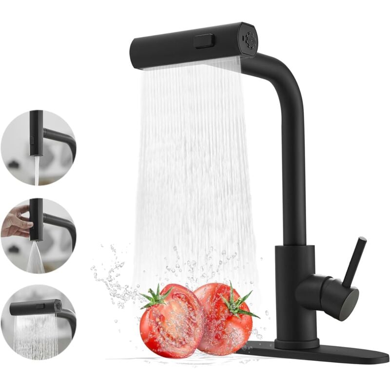 foto del prodotto alovez rubinetto da cucina nero con doccetta estraibile, rubinetto a cascata per lavello da cucina, rubinetto da cucina in acciaio inox per uso