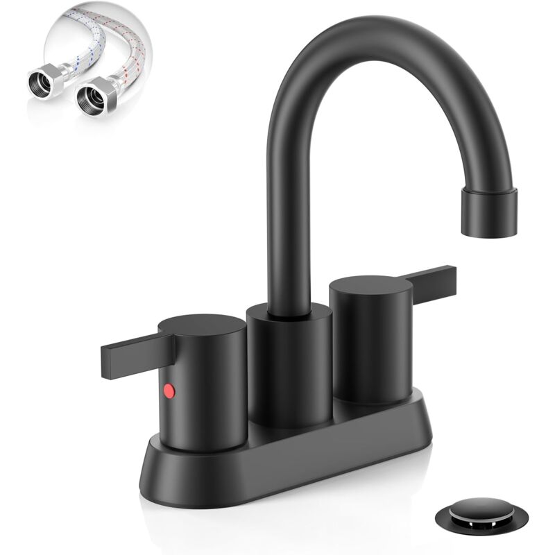 foto del prodotto alovez rubinetto moderno per bagno senza piombo, 4 pollici, 2 maniglie, nero opaco, bocca girevole a 360 , 2 o 3 fori, con scarico a scomparsa e