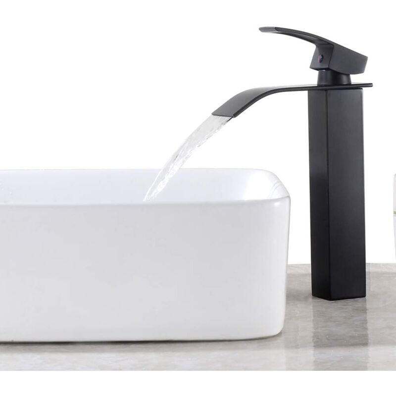 foto del prodotto alovez rubinetto per bagno a cascata con leva singola nera, miscelatore per lavabo quadrato in ottone, miscelatore per lavabo da appoggio alto,