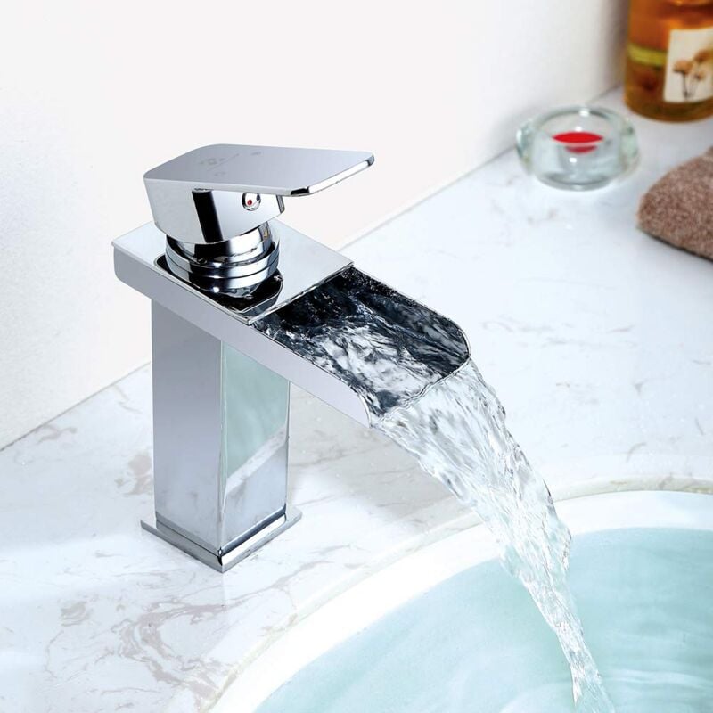 foto del prodotto alovez rubinetto per bagno a cascata con maniglia singola, rubinetto per lavabo cromato, acqua calda e fredda regolabile, foro singolo in ottone