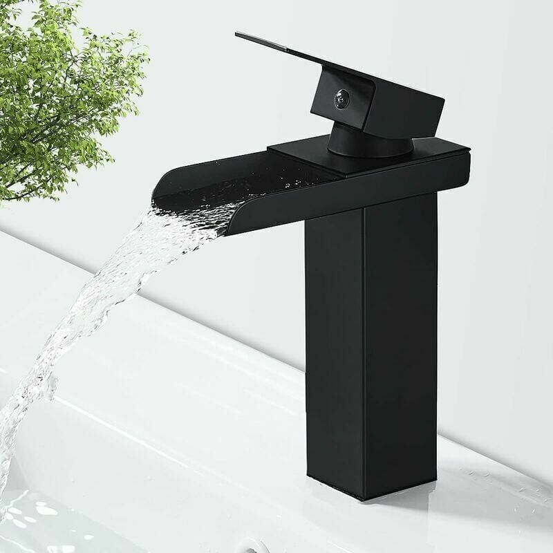 foto del prodotto alovez rubinetto per bagno a cascata nero opaco, miscelatore per lavabo in ottone con acqua calda e fredda, valvola in ceramica, design a cascata