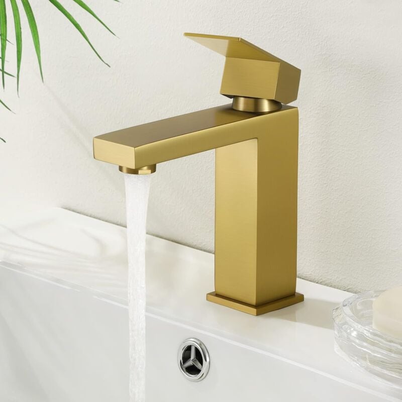 foto del prodotto alovez rubinetto per bagno in oro spazzolato, rubinetto moderno per lavabo a foro singolo, rubinetto per lavabo a maniglia singola, finitura in