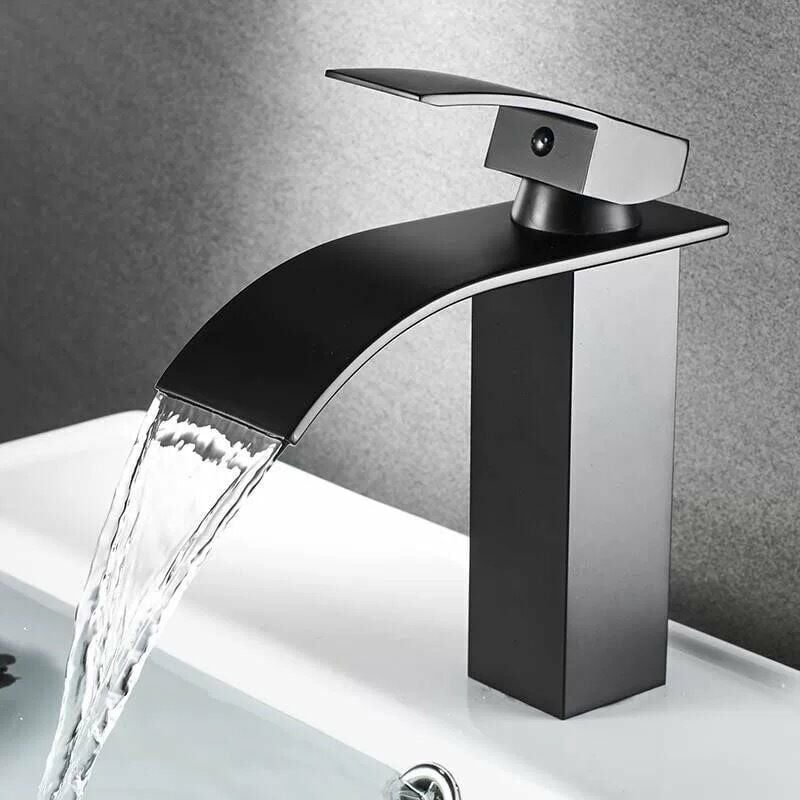 foto del prodotto alovez rubinetto per lavabo a cascata, miscelatore a cascata nero, rubinetto per bagno con foro singolo montato sul ponte, cartuccia in ceramica,