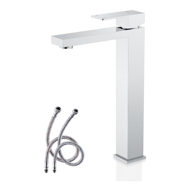foto del prodotto alovez rubinetto per lavabo alto con maniglia singola, cromato, rubinetto per mobile bagno, miscelatore per lavabo con tubi di alimentazione