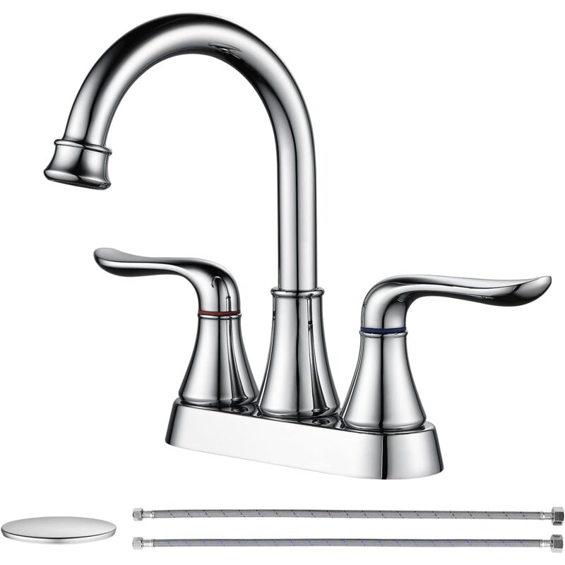 foto del prodotto alovez rubinetto per lavabo da bagno, 4 pollici, 2 maniglie, rubinetto centrale per lavabo, cromato, con scarico a scomparsa e tubo di alimentazione