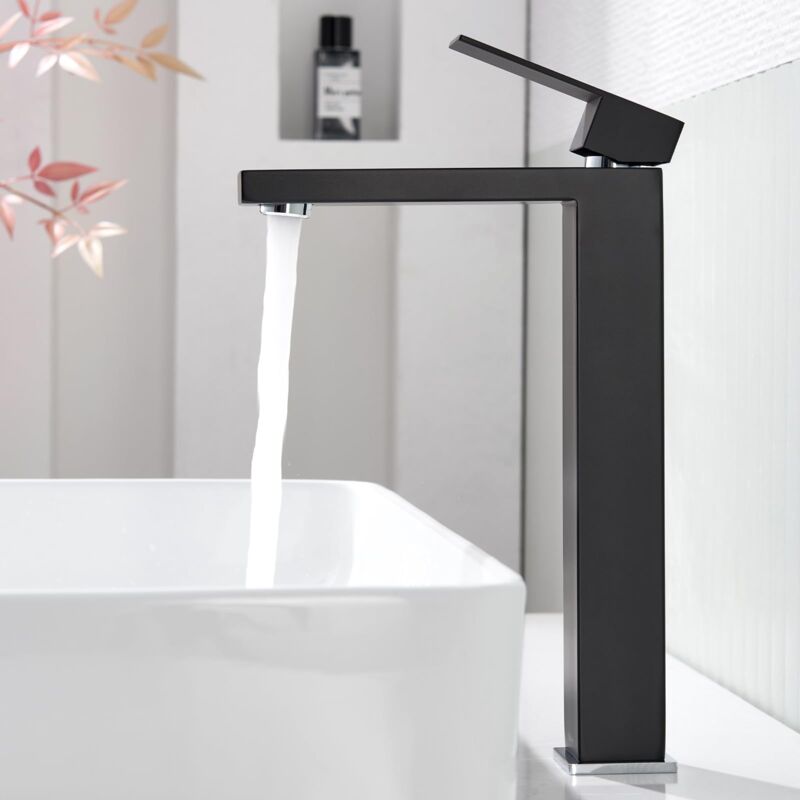 foto del prodotto alovez rubinetto per lavabo extra alto nero, miscelatore monocomando da bagno in acciaio inossidabile per lavabo rialzato, altezza uscita 290 mm,