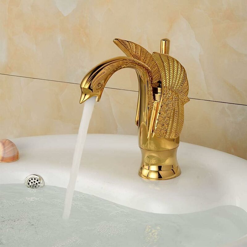 foto del prodotto alovez rubinetto per lavabo in ottone massiccio a forma di cigno, oro lucido, design retr 