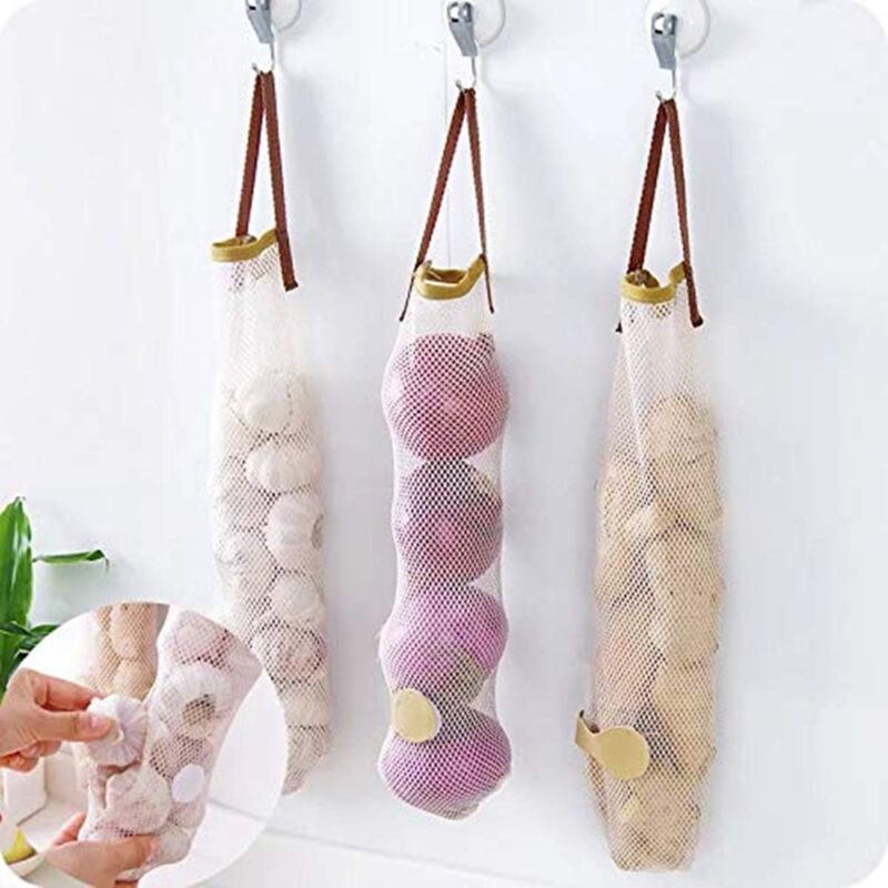foto del prodotto alovez sacchetti riutilizzabili in rete per frutta e verdura per aglio, cipolle, patate, generi alimentari, confezione da 3 beige