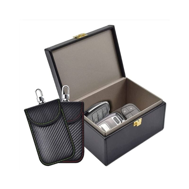 foto del prodotto alovez scatola anti rfid e confezione da 2 sacchetti faraday con blocco del segnale, sacchetti faraday per chiavi auto, scatola antifurto con