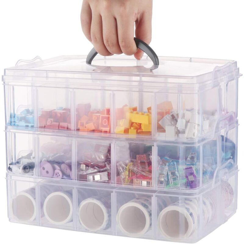 foto del prodotto alovez scatola portaoggetti in plastica trasparente impilabile a 3 livelli, scatola portaoggetti a 30 scomparti con coperchio, scatola di plastica