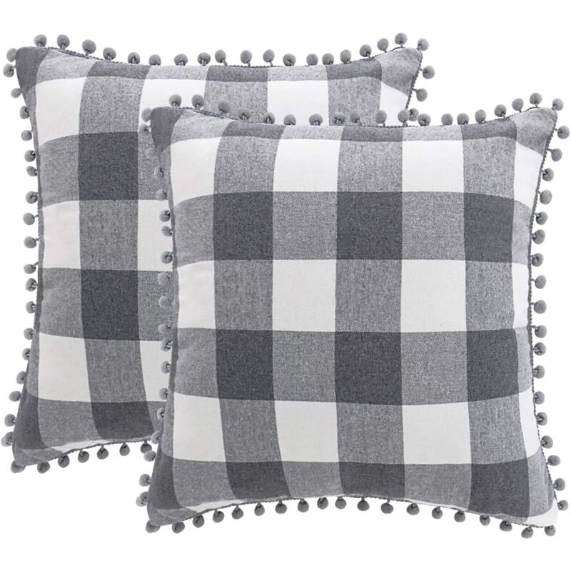 foto del prodotto alovez set di 2 federe per cuscino a quadri federe per cuscino decorative con pompon federe per cuscino decorative 45x45cm con cerniera nascosta