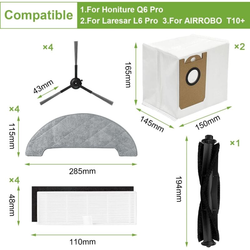 foto del prodotto alovez set di accessori da 15 pezzi per honiture q6 pro laresar l6 pro, 1 spazzola principale a rullo, 4 spazzole laterali, 2 sacchetti