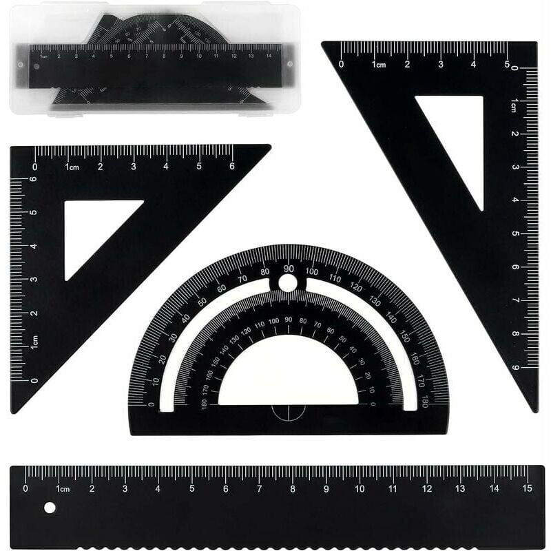 foto del prodotto alovez set di geometria in metallo, 4 pezzi, righello da 15 cm, goniometro da 180 , triangolo da 60 , triangolo da 45 , materiale scolastico per