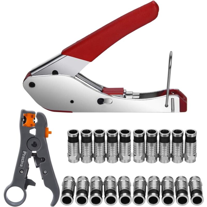 foto del prodotto alovez set di pinze a compressione, strumento di crimpatura, strumento di spelatura rg59 rg6 con 20 pezzi di spina a compressione f per cavo sat,
