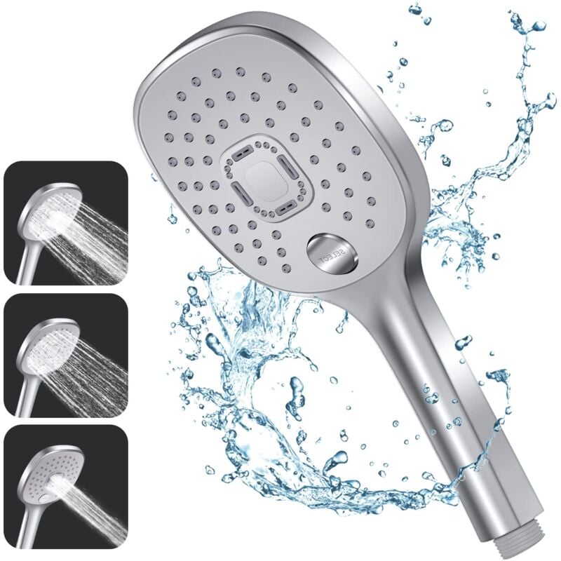 foto del prodotto alovez soffione doccia, 3 tipi di getto con impugnatura resistente e ugello in silicone ecologico, grande soffione doccia argento soffione doccia