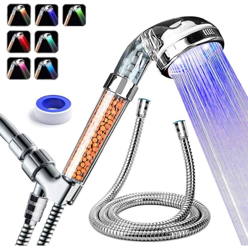 foto del prodotto alovez soffione doccia a led con tubo flessibile e supporto per braccio doccia, doccia portatile con filtro ad alta pressione per riparare la pelle