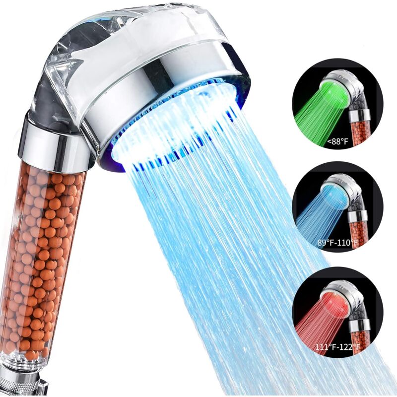 foto del prodotto alovez soffione doccia ionico, 3 modalit colore, soffione doccia con cambio di temperatura, soffioni doccia led ad alta pressione con filtraggio
