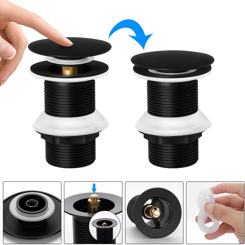 foto del prodotto alovez tappo per lavandino nero senza troppopieno, tappo universale per lavandino a scomparsa anti intasamento, tappo automatico in ottone