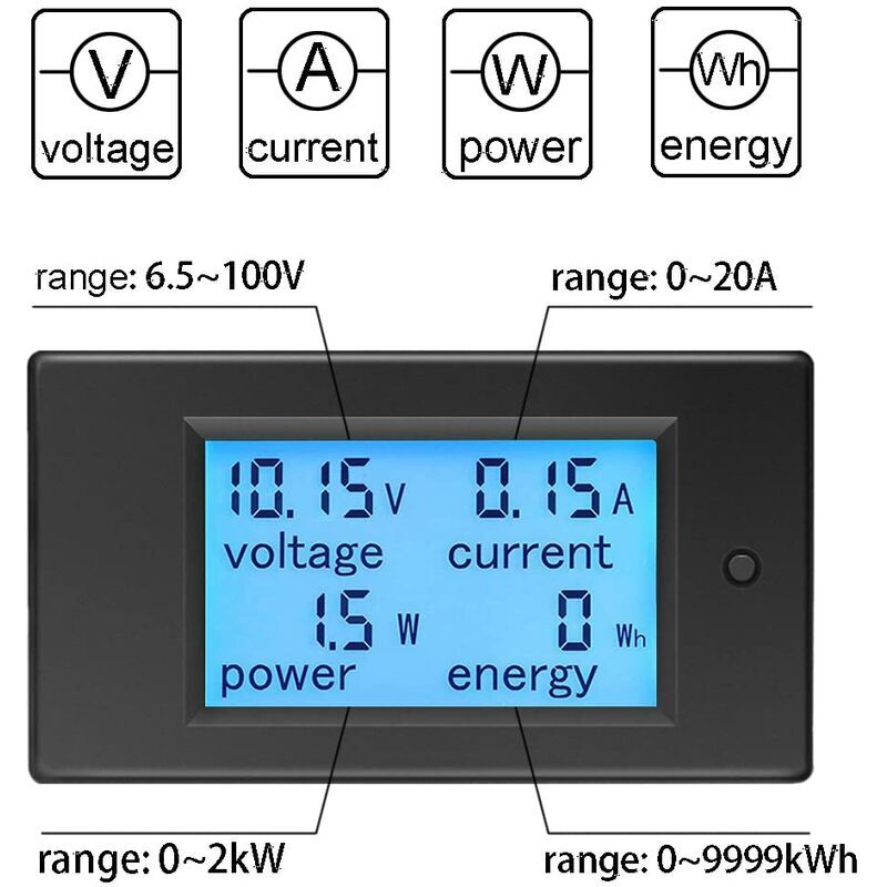 foto del prodotto alovez voltmetro amperometro dc 6.5 100 v 20 a, misuratore di tensione wattmetro tester tensione corrente potenza energia contatore di energia lcd