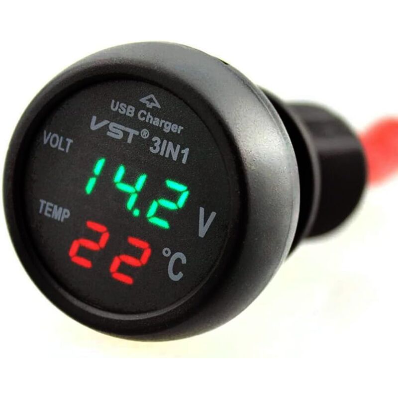 foto del prodotto alovez voltmetro per auto, termometro per auto 3 in 1 12 24 v, caricabatterie usb, voltmetro con display lcd digitale