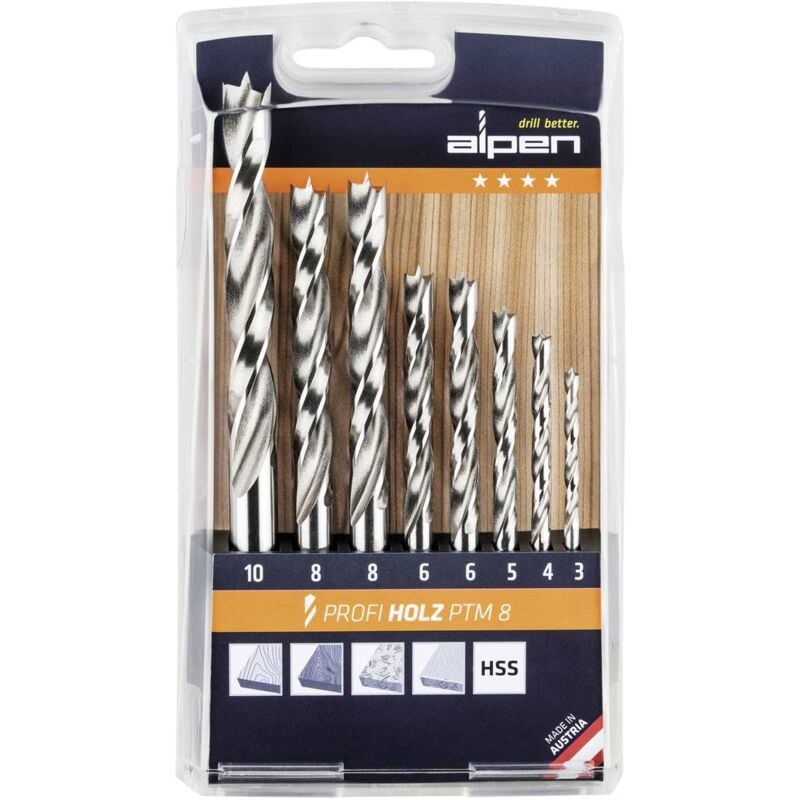 foto del prodotto alpen 600093100 kit punte a spirale da legno 8 parti 3 mm, 4 mm, 5 mm, 6 mm, 8 mm, 10 mm alberino cilindrico 1 kit