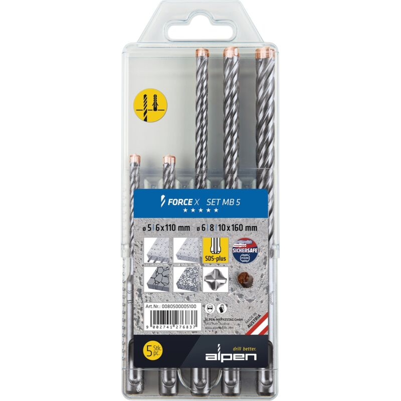 foto del prodotto alpen sds plus 0080500005100 force x mb 5 set di punte da trapano a percussione 5 pezzi, 4 tagli, diametro 5,0 10,0 mm 