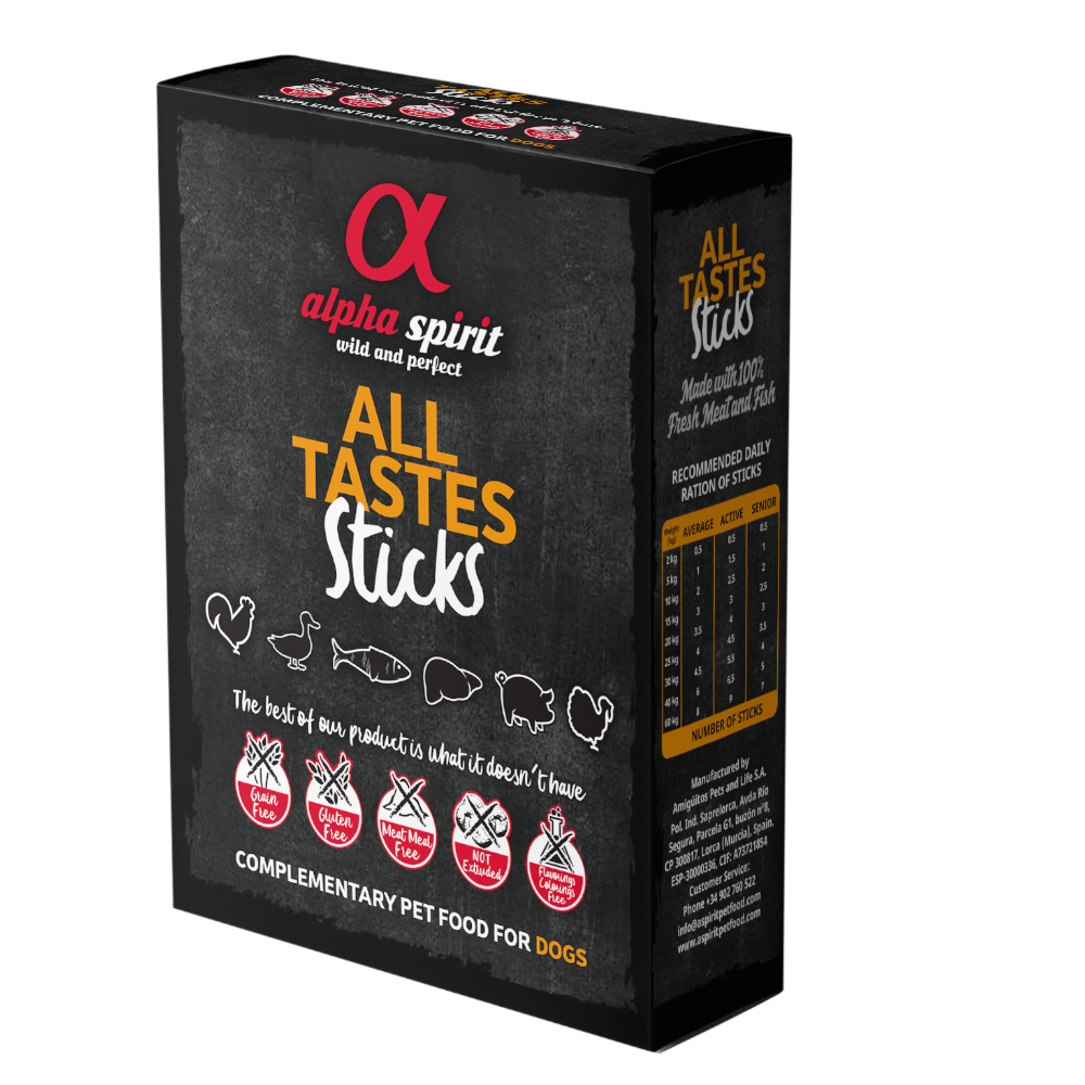 foto del prodotto alpha spirit sticks all 6 tastes pacco misto snack per cani 24 pz 6 gusti assortiti 