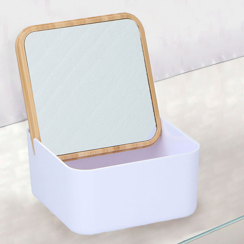 foto del prodotto alpina - portagioie con specchio e coperchio in bambù organizer per trucco portaoggetti