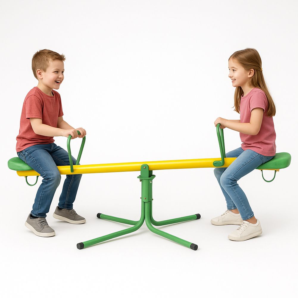 foto del prodotto altalena basculante per bambini giallo e verde in metallo per esterno giardino