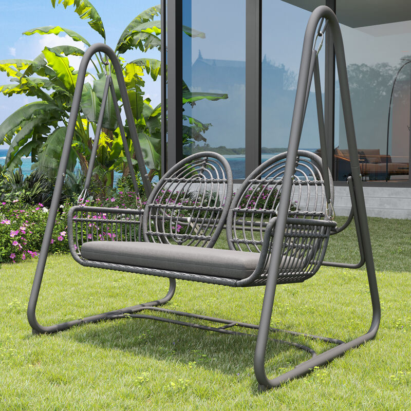 foto del prodotto altalena da giardino 141x109x143cm, 2 posti con cuscini, mobili da esterno, rattan pe metallo, grigio scuro