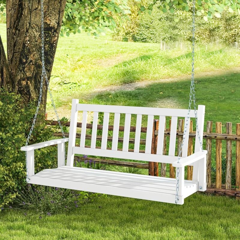 foto del prodotto altalena da giardino in legno, con schienale a doghe, sedile curvo e comodi braccioli, design ergonomico per 2 persone, sedia a dondolo con capacit 