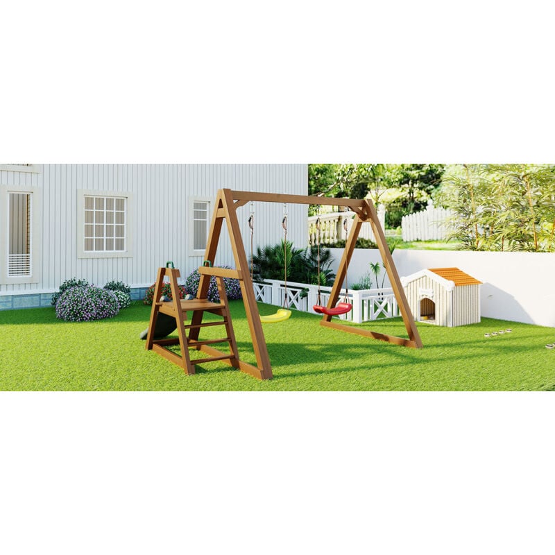 foto del prodotto altalena doppia per bambini, altalena per bambini resistente con scivolo e scala da arrampicata, altalena per esterno in legno massello,